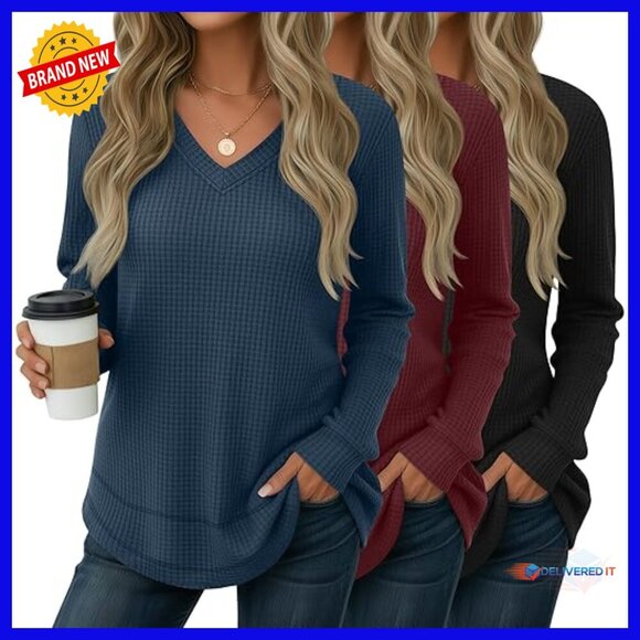 Tops - 3 Pack Waffle Knit Tunic Tops Long Sleeve V Neck Loose Fit Sweatshirts